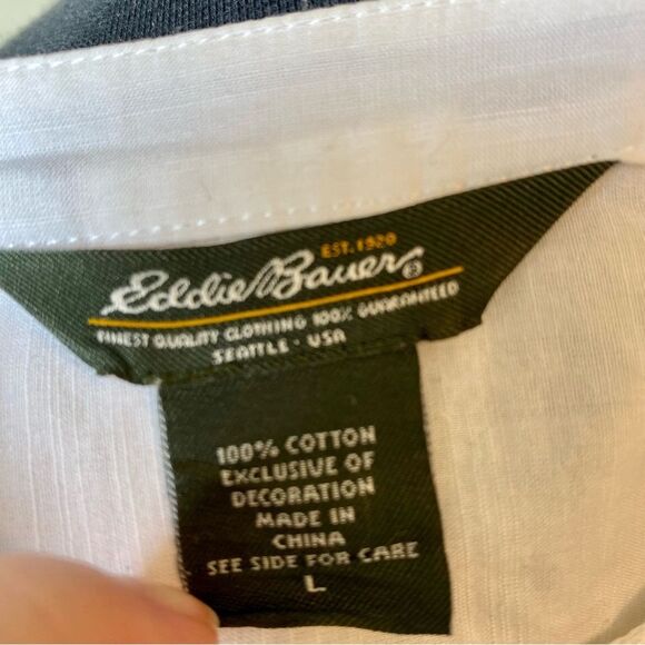 EDDIE BAUER White Button Down Top Shirt Blue Embroidered Floral Cotton - Picture 6 of 12